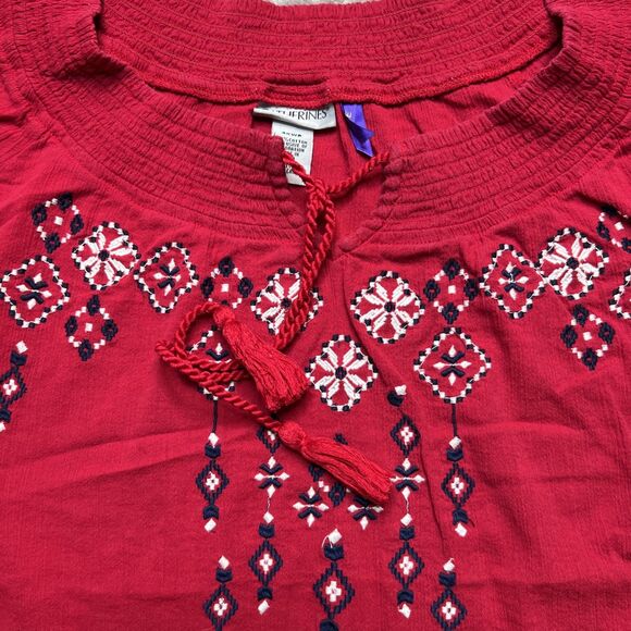 Catherines Crinkle Peasant Top Blouse Women’s 3XWP Petite Plus Red Embroidered - Picture 2 of 9